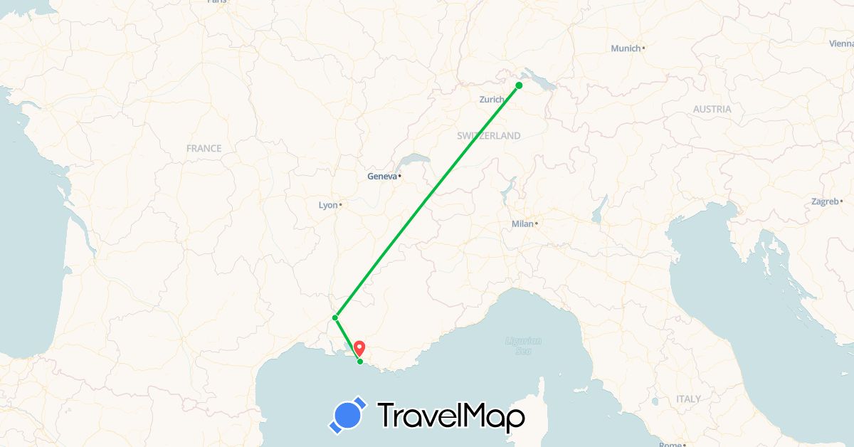 TravelMap itinerary: driving, bus, hiking in Switzerland, Djibouti, France (Africa, Europe)